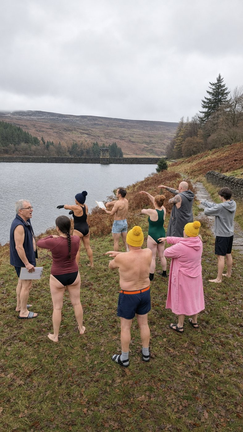 Members of the club warming up on the bank at Scammonden Water on a grey autumn morning
